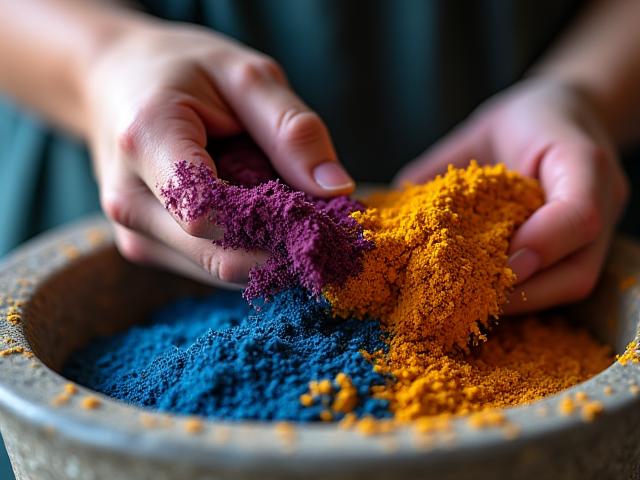 Close-up of hands grinding natural pigments in a mortar and pestle, vibrant colors, soft lighting.