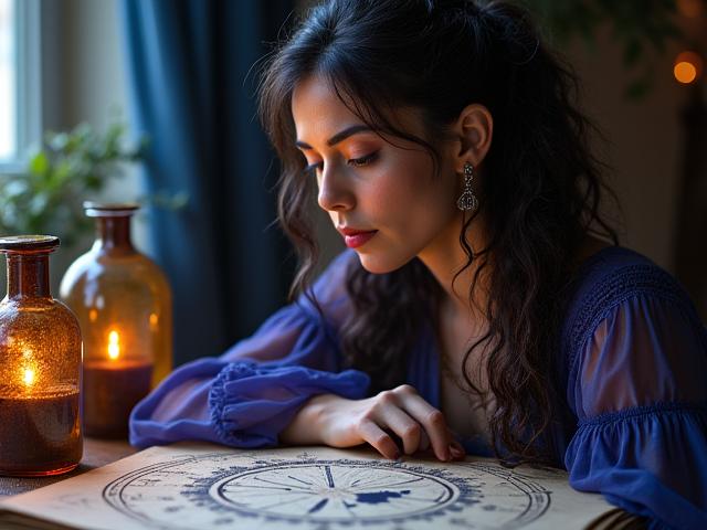 Anya Sharma, founder of Indigo Aura, studying a star chart under a dim light, surrounded by pigment samples.