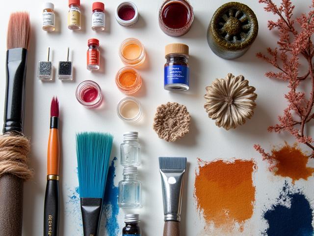 Collection of diverse metaphysical art supplies, including brushes, iridescent binders, and unique dyes, artfully arranged.