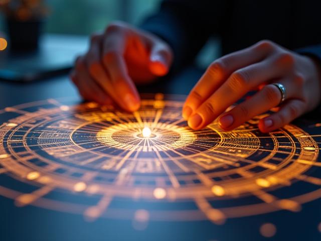 Dramatically lit image of a hand tracing a complex astrological chart, suggesting deep insight.