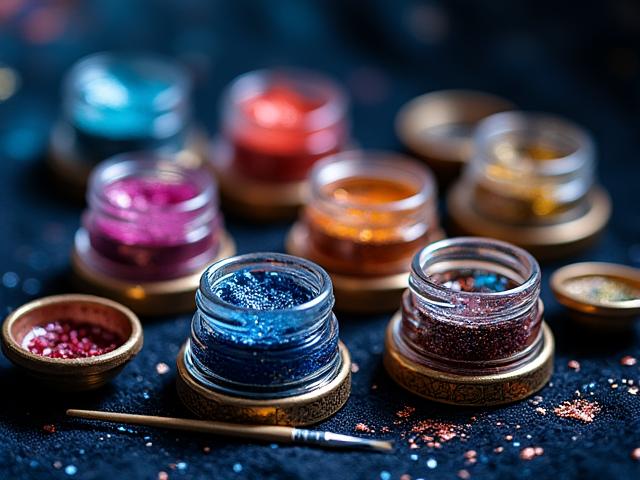 Artisanal paint set with small jars of vibrant, custom-blended pigments, some shimmering, on a dark, mystical background.