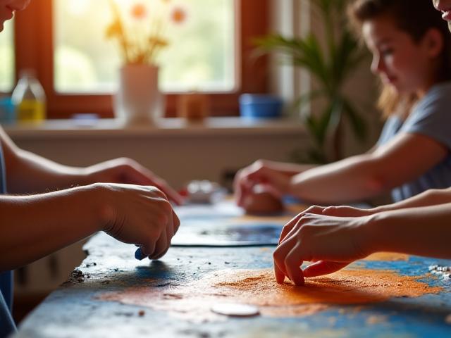 Workshop setting with students intently focused on mixing pigments and painting under soft, inspiring lighting.