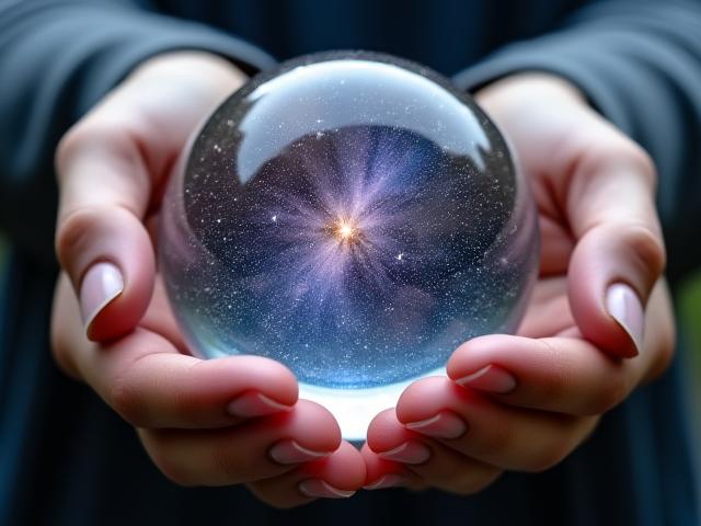 Hands holding a crystal ball reflecting starry skies