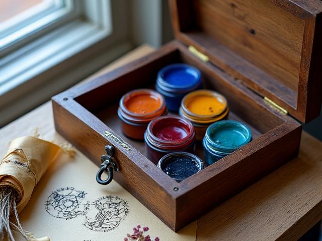 A handcrafted wooden box containing five small jars of vibrant, earthy pigments with a cosmic guide