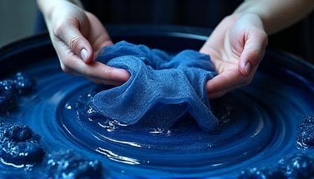 Workshop: Astral Dyeing Techniques - Hands dipping fabric into a mystical indigo dye bath under starry light reflections.