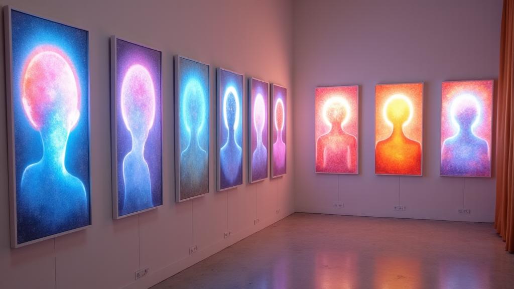 Gallery: Aura Portrait Painting - Artistic interpretations of energetic auras, vibrant and personal, displayed on easels.