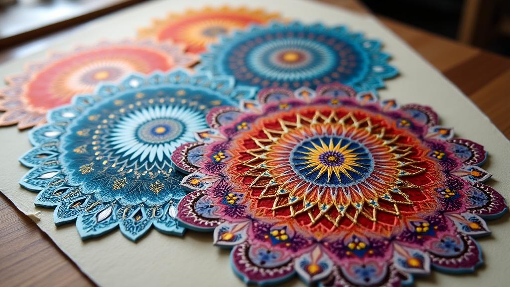 Gallery: Cosmic Mandala Creation - Diverse, intricate mandalas created by workshop attendees, gleaming with gold and jewel tones.