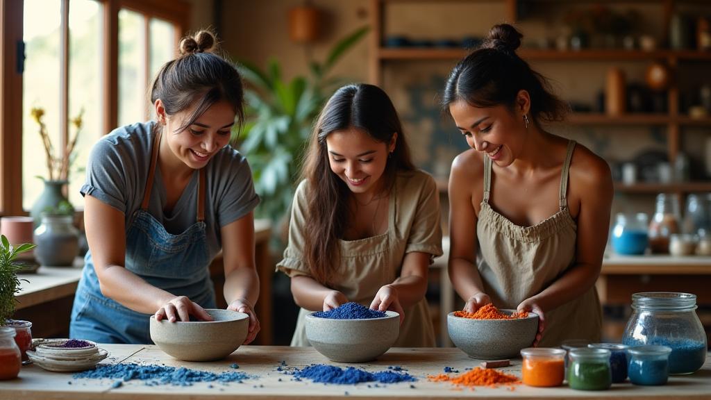 Gallery: Pigment Alchemy Workshop - Participants grinding natural pigments in a rustic, beautifully lit setting.
