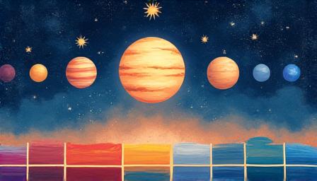 Workshop: Painting with Planetary Influences - A stylized depiction of planets aligning, influencing paint swatches in corresponding colors.